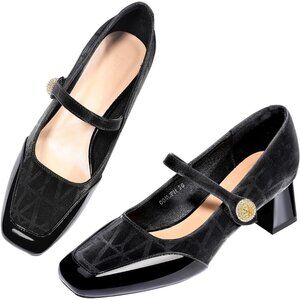 🆕Women's Black  Square Toe Mary Jane Comfortable Closed Toe Chunky Block Heels